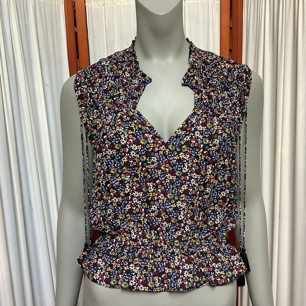 Derek Lam 10 Crosby Sleeveless Floral Print Silk Blouse Tassels Women's Size 12
